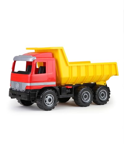 Lena 02031 - Starke Riesen Muldenkipper Mercedes Benz Actros, Kipplaster ca. 63 cm, großer Kipper mit 3 Achsen und verriegelbarer Kippmulde, robustes Baustellen Spielfahrzeug für Kinder ab 3 Jahre, Rot, Gelb, Schwarz von Lena