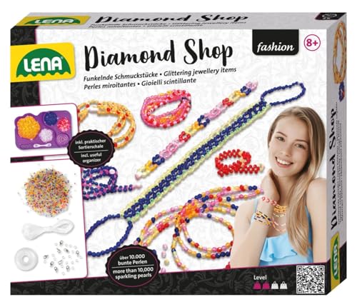 SIMM Spielwaren Lena 42304 – Bastelset Diamond Shop groß, mit 10.000 Fädelperlen, elastischen Fäden, Sortierschale & Anleitung, Schmuckset für Kinder ab 8 Jahren zum Basteln von Schmuck von Lena