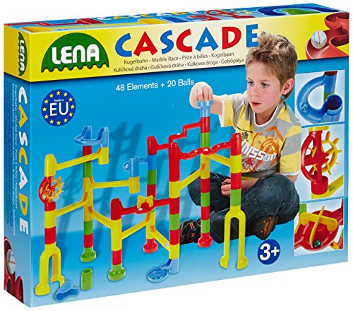 Lena 65290 x Cascade Kugelbahn Speed, Murmelbahn aus Kunststoff, Baukasten mit 44 Bahnelementen und 20 Kugeln, Motorik und Konstruktionsspielzeug für Kinder ab 3 Jahre, Gelb, Blau, Rot, Grün von Lena