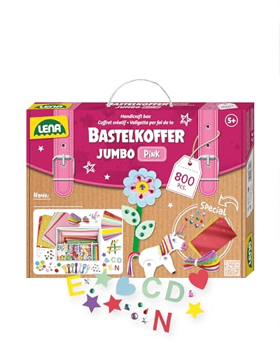 Lena 42664 Jumbo Bastelkoffer mit 800 Teile in Pastell Farben, Material zum Basteln, mit Moosgummi, Buntpapier, Strasssteine, Pompon, Bänder, Knöpfe, Kulleraugen und vielem mehr, ab 5 Jahre von Lena