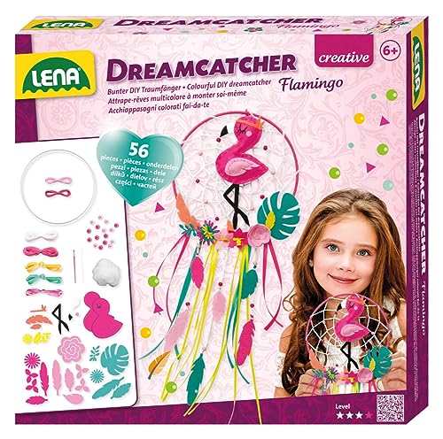 Lena 42700 - Bastelset Dreamcatcher Flamingo, 56 Teile Komplettset zum Traumfänger basteln mit Ring, farbige Bänder & Schnüre, Kunststoff Nadel, Perlen und Stoff Blumen, Set für Kinder ab 6 Jahre von Lena