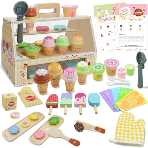 SIMPLIPLAY 2-In-1 Tragbares Holzspielzeug-Set Mit Eiscreme Und Keksen (63 Teile), Kekse Schneiden Und Backen, Eiscreme SchöPfen Und Servieren Mit Spielzeuglebensmitteln, SpielküChenzubehör von SIMPLIPLAY
