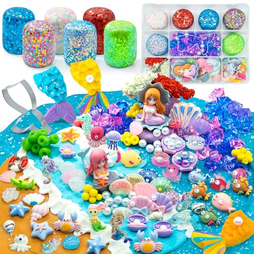 SIMPLIPLAY Meerjungfrauen-Sinnes-Set, 18 oz, 6 Stück Glitzer-Knete mit Zubehör (150 Stück+), ungiftiges Spielknete-Set, Meerjungfrauen-Sinnes-Knete-Kit für Kleinkinder von SIMPLIPLAY