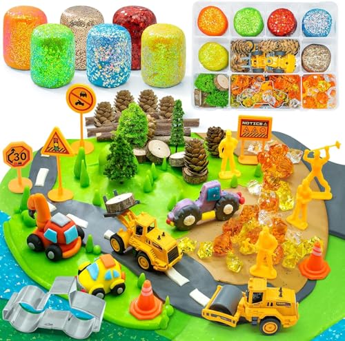 SIMPLIPLAY Sensorik-Set zum Bauen mit 6 Stück 18 oz Glitzerknete und Zubehör (ca. 80 Teile), Farbknete-Set, Sensorik-Set zum Bauen für Jungen mit Spielzeug-LKWs für Kinder und Kleinkinder von SIMPLIPLAY