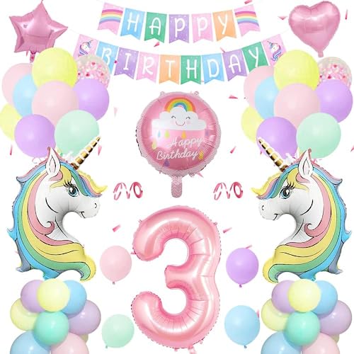 Einhorn Geburtstagsdeko 3 Jahre,Einhorn Deko Kindergeburtstag Set Pastell mit Große Zahl 3 Folienballon,2 Riesige Einhorn Luftballons,Happy Birthday Banner für mädchen Geburtstags Dekoration von SIMSPEAR