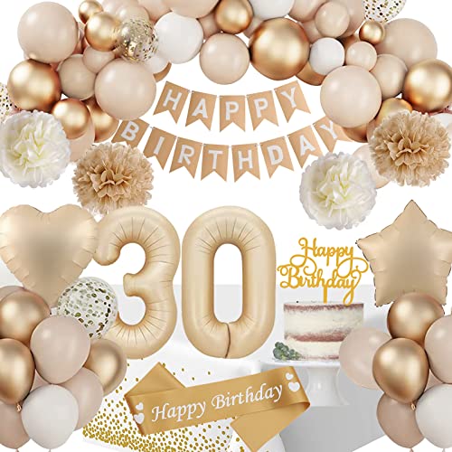 30 Geburtstag Deko, Deko 30 Geburtstags Frauen, 30 Geburtstagdeko Beige Gold Ballon Deko mit Happy Birthday Girlande Tischdecke Geburtstagsschärpe Pompons für Party Deko 30 Geburtstag Frauen von SIMSPEAR