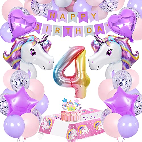 Einhorn Geburtstagsdeko 4 Jahre,Einhorn Deko Kindergeburtstag Set mit Einhorn Luftballons,Cake Topper,Rosa und lila Luftballons,Happy Birthday Girlanden,Tischdecke Einhorn für Mädchen Geburtstagsdeko von SIMSPEAR