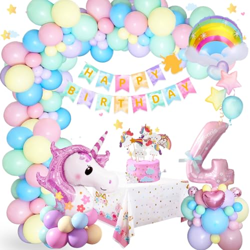 4 Jahre Geburtstagsdeko Mädchen Einhorn Deko Kinder, 4.Geburtstag Deko Geburtstagsdeko Einhorn mit 70inch 3D Einhorn Ballon, Happy Birthday Einhorn Girlanden für Mädchen Tochter Einhorn Party Deko von SIMSPEAR