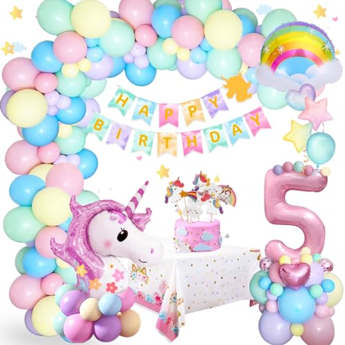 5 Jahre Geburtstagsdeko Mädchen Einhorn Deko Kinder, 5.Geburtstag Deko Geburtstagsdeko Einhorn mit 70inch 3D Einhorn Ballon, Happy Birthday Einhorn Girlanden für Mädchen Tochter Einhorn Party Deko von SIMSPEAR