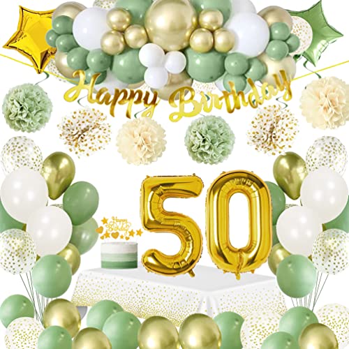 50 Geburtstag Deko Frauen,Geburtstagsdeko 50 Männer,Grüne Deko 50 Geburtstag mit Avocado Grüne Luftballons,Happy Birthday Banner,Kuchen Topper,Tischdecken,Pompoms für Mann Frau 50. Geburtstag Deko von SIMSPEAR