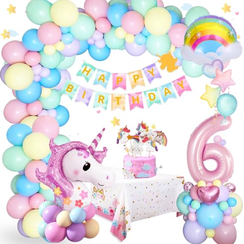 6 Jahre Geburtstagsdeko Mädchen Einhorn Deko Kinder, 6.Geburtstag Deko Geburtstagsdeko Einhorn mit 70inch 3D Einhorn Ballon, Happy Birthday Einhorn Girlanden für Mädchen Tochter Einhorn Party Deko von SIMSPEAR