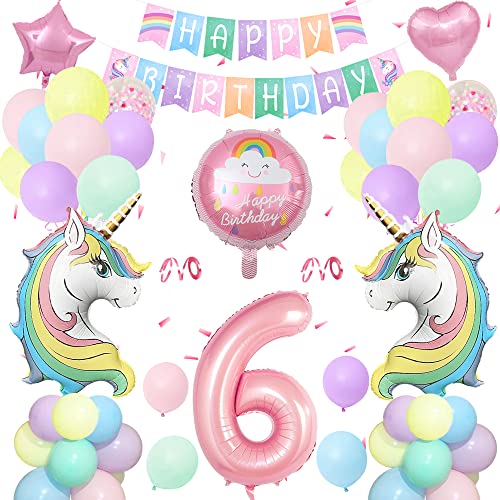 6.Einhorn Geburtstagsdeko Mädchen,Einhorn Deko Kindergeburtstag Set Pastell mit Große Zahl 6 Folienballon,2 Riesige Einhorn Luftballons,Happy Birthday Banner für mädchen Geburtstags Dekoration von SIMSPEAR