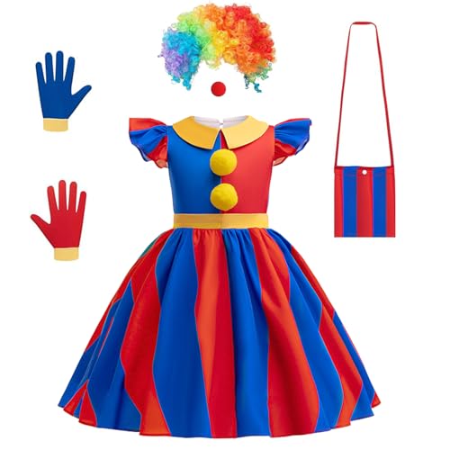 Clown Kostüm Kinder, Mädchen Cosplay Zirkus Kostüm Set mit Regenbogen Clown Perücke, Clownsnase, Regenbogentasche, Handschuhen, Halloween und Karneval Kostüm für Mädchen Cosplay Party Ausstattung von SIMSPEAR