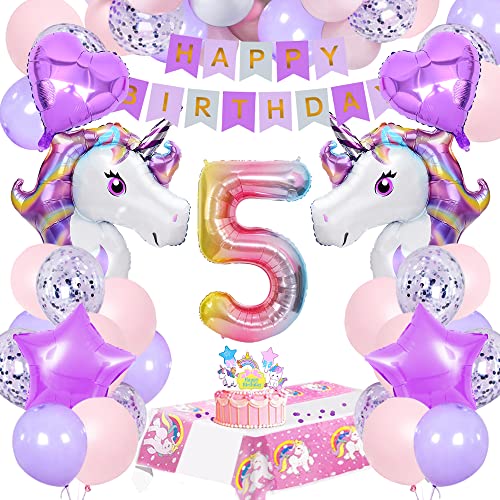 Einhorn Geburtstagsdeko 5 Jahre,Einhorn Deko Kindergeburtstag Set mit Einhorn Luftballons,Cake Topper,lila und Rosa Luftballons,Happy Birthday Girlanden,Tischdecke Einhorn für 5. Geburtstagsdeko Einhorn Geburtstagsdeko 5 Jahre,Einhorn Deko Kindergeburtstag Set mit Einhorn Luftballons,Cake Topper,lila und Rosa Luftballons,Happy Birthday Girlanden,Tischdecke Einhorn für 5. Geburtstagsdeko von SIMSPEAR