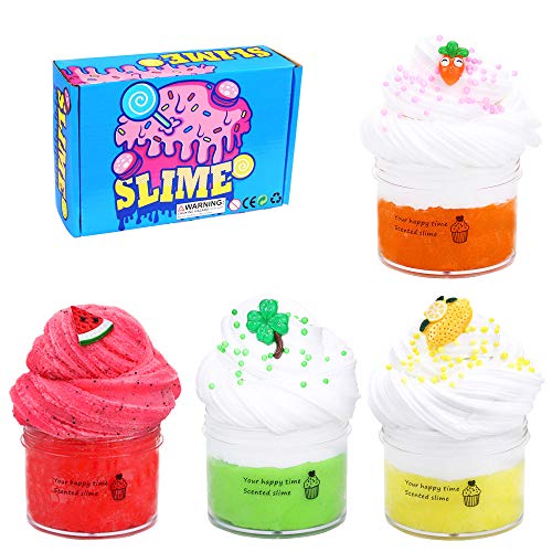 4er Pack Butter Slime Kit, mit rotem Wassermelonenschleim, Zitronenschleim, grünem Blatt und Karottenschleim Superweicher und nicht klebriger Tonwolkenschleim, DIY Sludge Toy Geburtstagsgeschenke von SIMUER