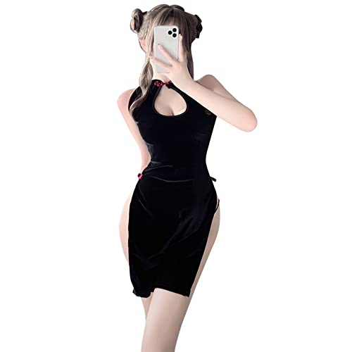 SINGUYUN Chinesische Cheongsam Dessous Retro Print Kleid Sexy Anime Cosplay Kostüm für Frauen Qipao Babydoll Outfit (2295 Schwarz) von SINGUYUN
