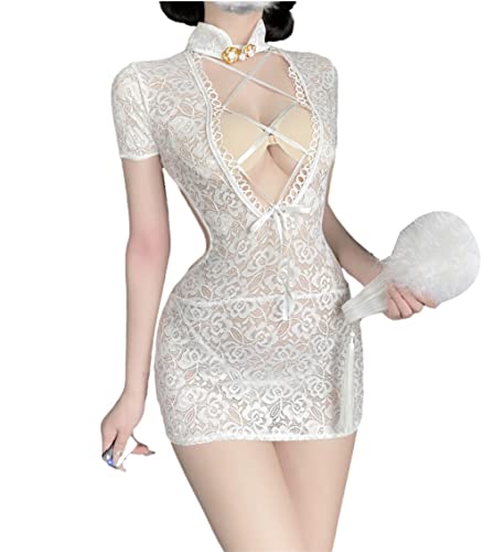 SINGUYUN Chinesische Cheongsam Dessous Retro Print Kleid Sexy Anime Cosplay Kostüm für Frauen Qipao Babydoll Outfit (9141 Weiß) von SINGUYUN