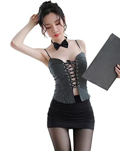 SINGUYUN Damen Büro Sekretär Uniform Sexy Lehrer Kostüm Cosplay Dessous mit Socken (2022Black) von SINGUYUN