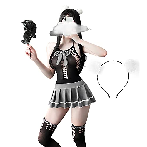 SINGUYUN Damen Sexy Schulmädchen-Outfits Lolita Dessous Student Enge Netz Kleidung Uniform Faltenrock Cosplay Kleid (7422Black) von SINGUYUN
