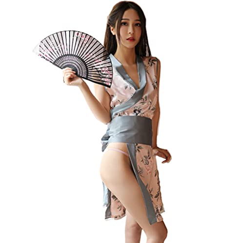 SINGUYUN Japanischer Kimono-Dessous für Damen, bedrucktes Kleid, Pyjama, Cosplay, Dessous-Set, sexy (YY9034, rosa Druck) von SINGUYUN