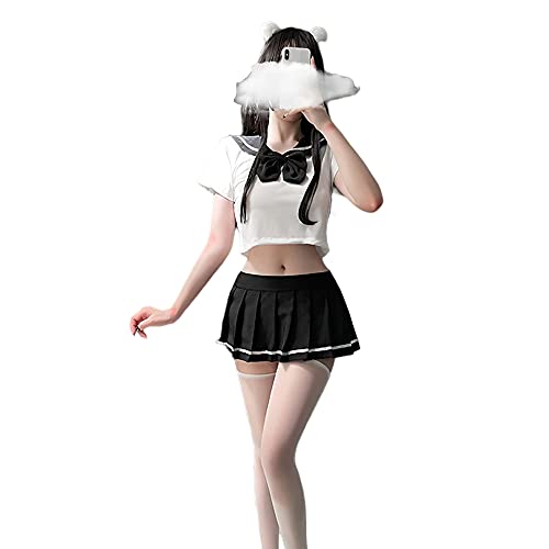 SINGUYUN Japanische Schulmädchen-Uniform, Gitter-Faltenrock, Anime, Cosplay, Dessous, JK-Kostüm, sexy mit Socken (6908 Weiß, Schwarz) von SINGUYUN