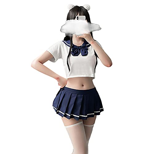 SINGUYUN Japanische Schulmädchen-Uniform, Gitter-Faltenrock, Anime, Cosplay, Dessous, JK-Kostüm, sexy mit Socken (6908Weißblau) von SINGUYUN