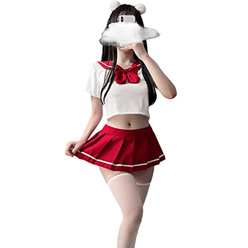 SINGUYUN Japanische Schulmädchen Uniform Gitter Faltenrock Anime Cosplay Dessous JK Kostüm Sexy mit Socken (6908White Red) von SINGUYUN