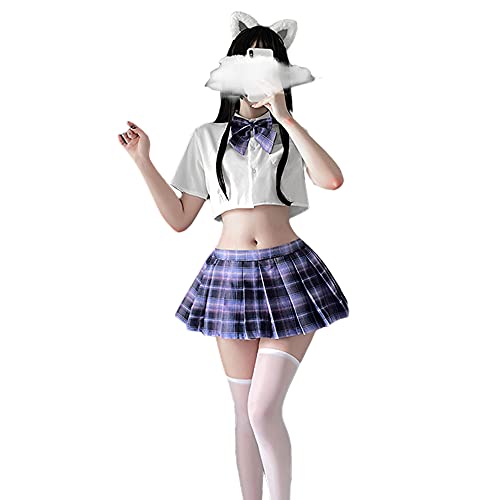 SINGUYUN Japanische Schulmädchen Uniform Gitter Faltenrock Anime Cosplay Dessous JK Kostüm Sexy mit Socken (6914White Purple) von SINGUYUN