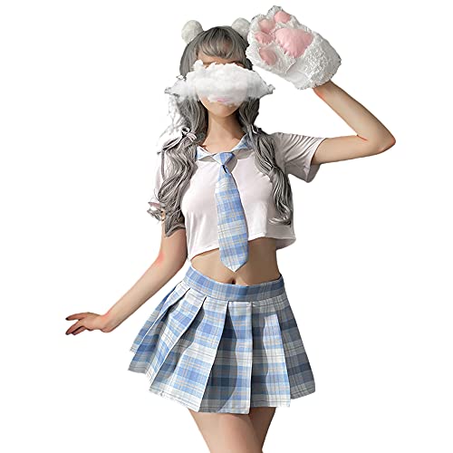SINGUYUN Japanische Schulmädchen Uniform Gitter Faltenrock Anime Cosplay Dessous JK Kostüm Sexy mit Socken (7039White Blue) von SINGUYUN