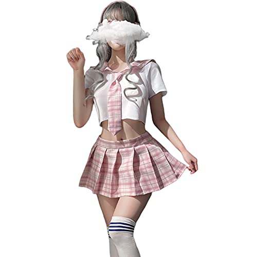 SINGUYUN Japanische Schulmädchen-Uniform, Gitter-Faltenrock, Anime, Cosplay, Dessous, JK-Kostüm, sexy mit Socken (7039 Weiß Rosa) von SINGUYUN