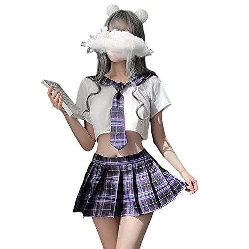 SINGUYUN Japanische Schule Mädchen Uniform Gitter Faltenrock Anime Cosplay Dessous JK Kostüm Sexy mit Socken (7039White Purple) von SINGUYUN