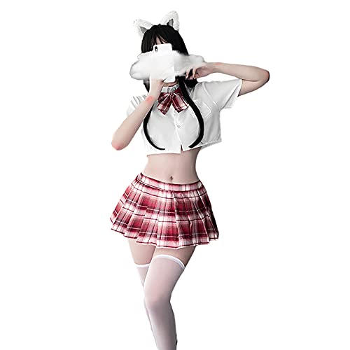 SINGUYUN Japanische Schulmädchen-Uniform, Gitter-Faltenrock, Anime, Cosplay, Dessous, JK-Kostüm, sexy mit Socken (6914Weiß-Rot) von SINGUYUN