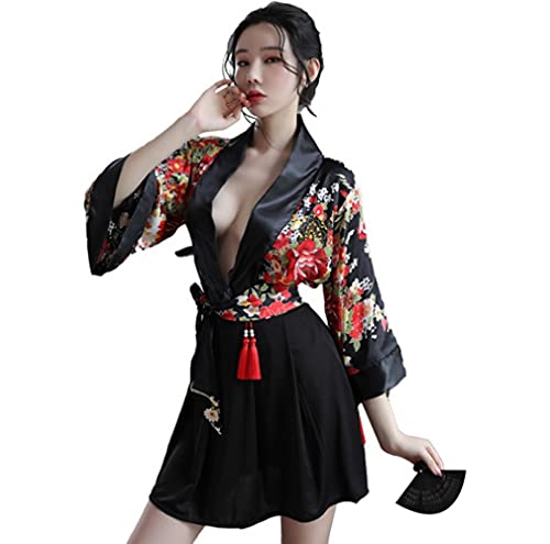 SINGUYUN Japanischer Kimono-Dessous für Damen, bedrucktes Kleid, Pyjama, Cosplay, Dessous-Set, sexy (SYA247Black) von SINGUYUN