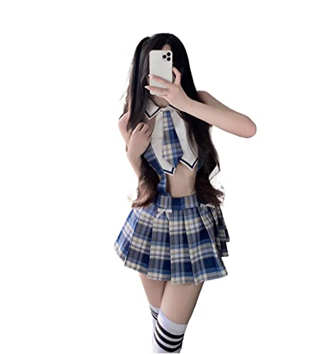 SINGUYUN Schulmädchen Outfit für Frauen Rollenspiel Seemann Anzug Sexy Cosplay Dessous Faltenrock JK Kostüme mit Strümpfen (2648Blue) von SINGUYUN