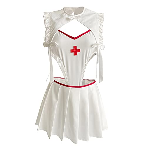 SINGUYUN Sexy Krankenschwester Kostüm für Frauen Krankenschwester Cosplay Dessous Babydoll Outfit Rollenspiel Unterwäsche Kleid mit Hut (2621Weiß) von SINGUYUN