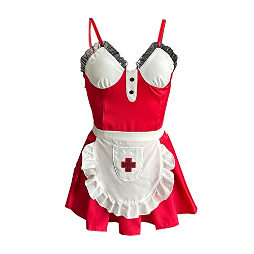 SINGUYUN Sexy Krankenschwester Kostüm für Frauen Krankenschwester Cosplay Dessous Babydoll Outfit Rollenspiel Unterwäsche Kleid mit Hut (2634Rot) von SINGUYUN