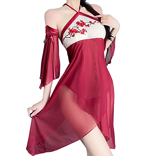 SINGUYUN Traditionelle chinesische Hanfu Kleider für Frauen sexy Cosplay Cheongsam Kleid Anime Dessous Kimono Pyjama Nachtwäsche (8610Red), Einheitsgröße von SINGUYUN