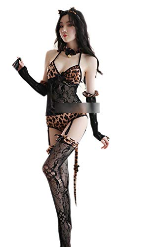 Damen Teddy Dessous Leopard Kaninchen Kostüm Cosplay Dessous Babydoll Overall Set (8947Schwarz) von SINMIUANIME