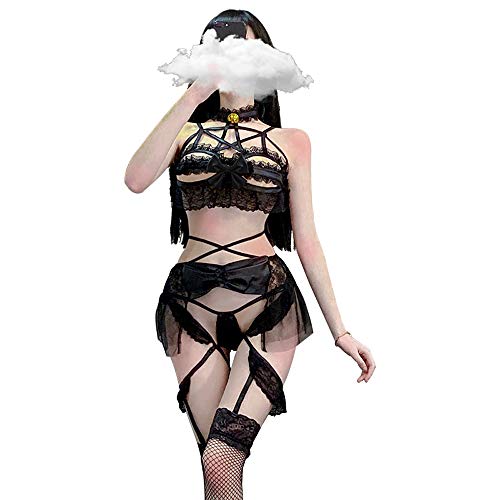 Dessous-Set für Frauen Lolita Anime Teufel Cosplay Kostüm Bondage Dessous Spitze Dienstmädchen Outfit - Schwarz - Einheitsgröße von SINMIUANIME
