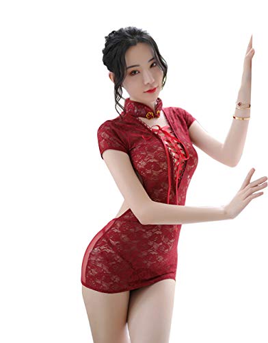 SINMIUANIME Frauen Dessous Sexy Rollenspiel Dessous Cheongsam Kleidung Mesh Bandage Puppenkleid, Rot/Ausflug, einfarbig (Getaway Solids), Einheitsgröße von SINMIUANIME