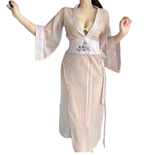 SINMIUANIME Damen besticktes Hanfu Chinesischer Stil Kleid Blüte Satin Anime Kimono Cosplay Dessous Set (2544Pink) von SINMIUANIME