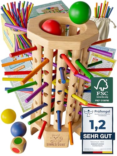 SINNESFUCHS® Farblernturm - FSC® 100% - Montessori Spielzeug ab 3 Jahre - Holzspielzeug pädagogisch wertvoll - Lernspiele ab 3 Jahre - Kinder Farben Stäbchen Holz Spiel - Kinderspiele ab 4 Jahre von SINNESFUCHS