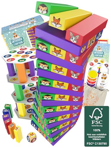SINNESFUCHS® Wackelturm Holz - FSC® 100% - Holzspielzeug ab 3 Jahre - Stapelturm Holz Spielzeug - Lernspielzeug ab 3 Jahre - Geschicklichkeitsspiele ab 4 Jahre - Kinder Jungen & Mädchen Turm Spiel von SINNESFUCHS