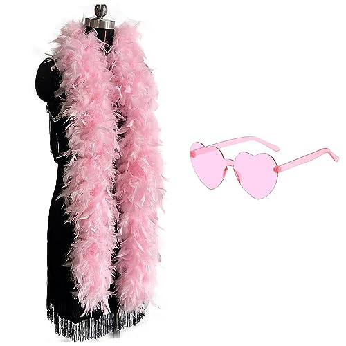 SINRAD Federschal,Rosa Sonnenbrille in Herzform,Rosa Federschal mit herzförmiger Brille,Federboa Einfarbig Set,Geeignet Für Tanz Hochzeit Weihnachten Halloween Karneval Dress Up Zubehör von SINRAD