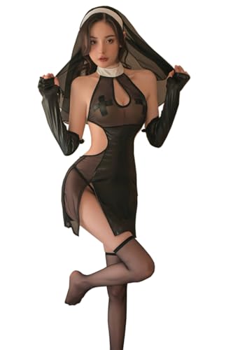 SINROYEE Frauen Sexy Cosplay Dessous Nonne Kostüm Anime Teufel Slutty Outfit Halloween Goth Kleid Hoher Schlitz (10), Einheitsgröße von SINROYEE