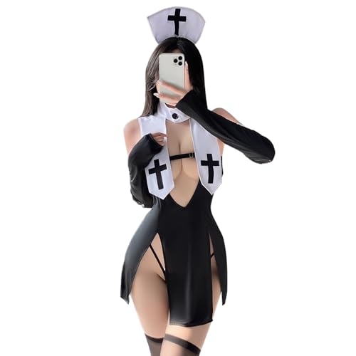 SINROYEE Frauen Sexy Cosplay Dessous Nonne Kostüm Anime Teufel Slutty Outfit Halloween Goth Kleid Hoher Schlitz (4) von SINROYEE