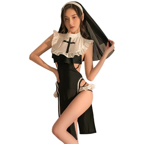 SINROYEE Sexy Cosplay-Dessous, Nonnen-Kostüm, Anime, Teufel, Slutty Outfit, Halloween, Gothic-Kleid, hoher Schlitz (6) von SINROYEE