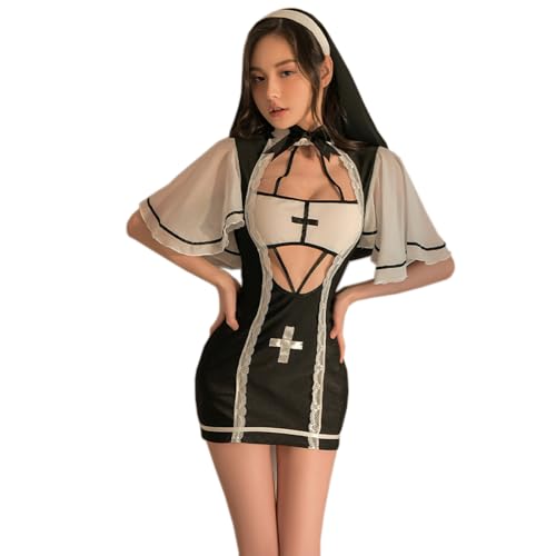 SINROYEE Sexy Cosplay-Dessous, Nonnen-Kostüm, Anime, Teufel, Slutty Outfit, Halloween, Gothic-Kleid, hoher Schlitz (7) Einheitsgröße von SINROYEE