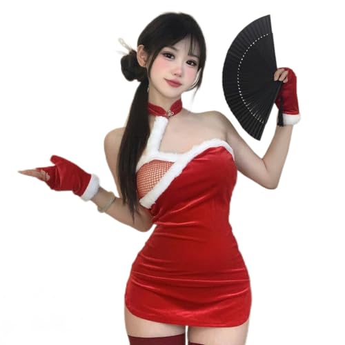SINROYEE Sexy Cosplay-Dessous für Damen, chinesisches Cheongsam-Kleid, japanisches Anime-Dessous, Qipao, Babydoll-Kostüm, Club-Kleid (Rot + 4) von SINROYEE
