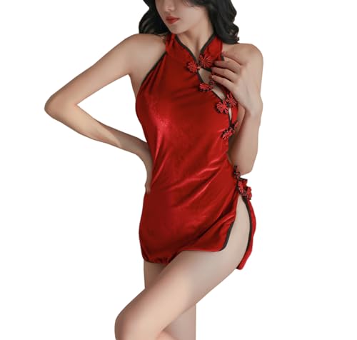 SINROYEE Sexy Cosplay Dessous für Frauen Chinesisches Cheongsam Kleid japanische Anime Dessous Qipao Babydoll Kostüm Club Kleid (rot) von SINROYEE